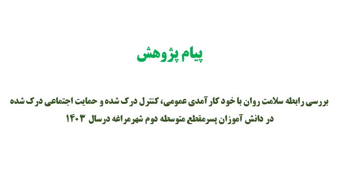 پیام ترجمان دانش منتج از طرح تحقیقاتی مصوب در مرکز تحقیقات ارتقاء سلامت با عنوان بررسی رابطه سلامت روان با خود کارآمدی عمومی، کنترل درک شده و حمایت اجتماعی درک شده در دانش آموزان پسرمقطع متوسطه دوم شهرمراغه درسال 1403